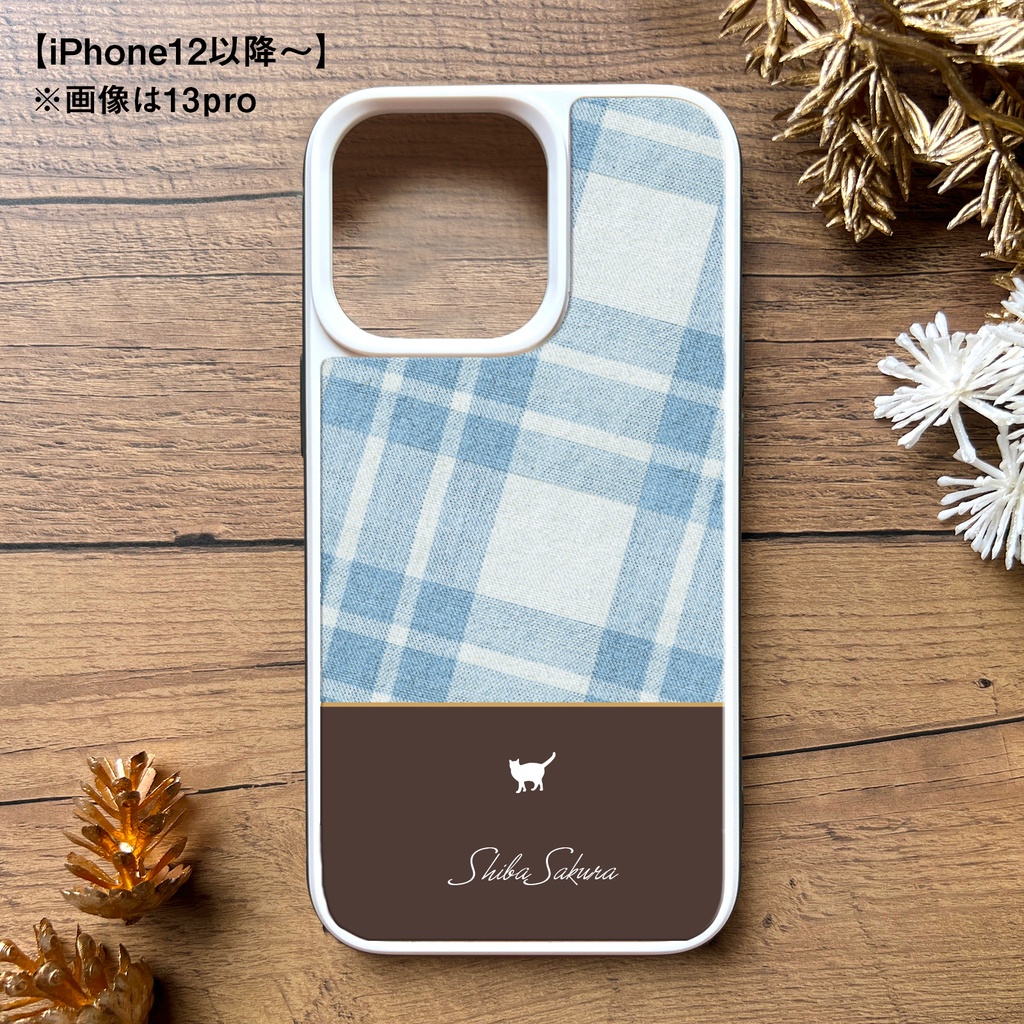 猫とチェックのスマホケース(くすみブルー×ブラウン/強化ガラス) iPhone17 Air iphone13 iPhone16e iphone15 カバー