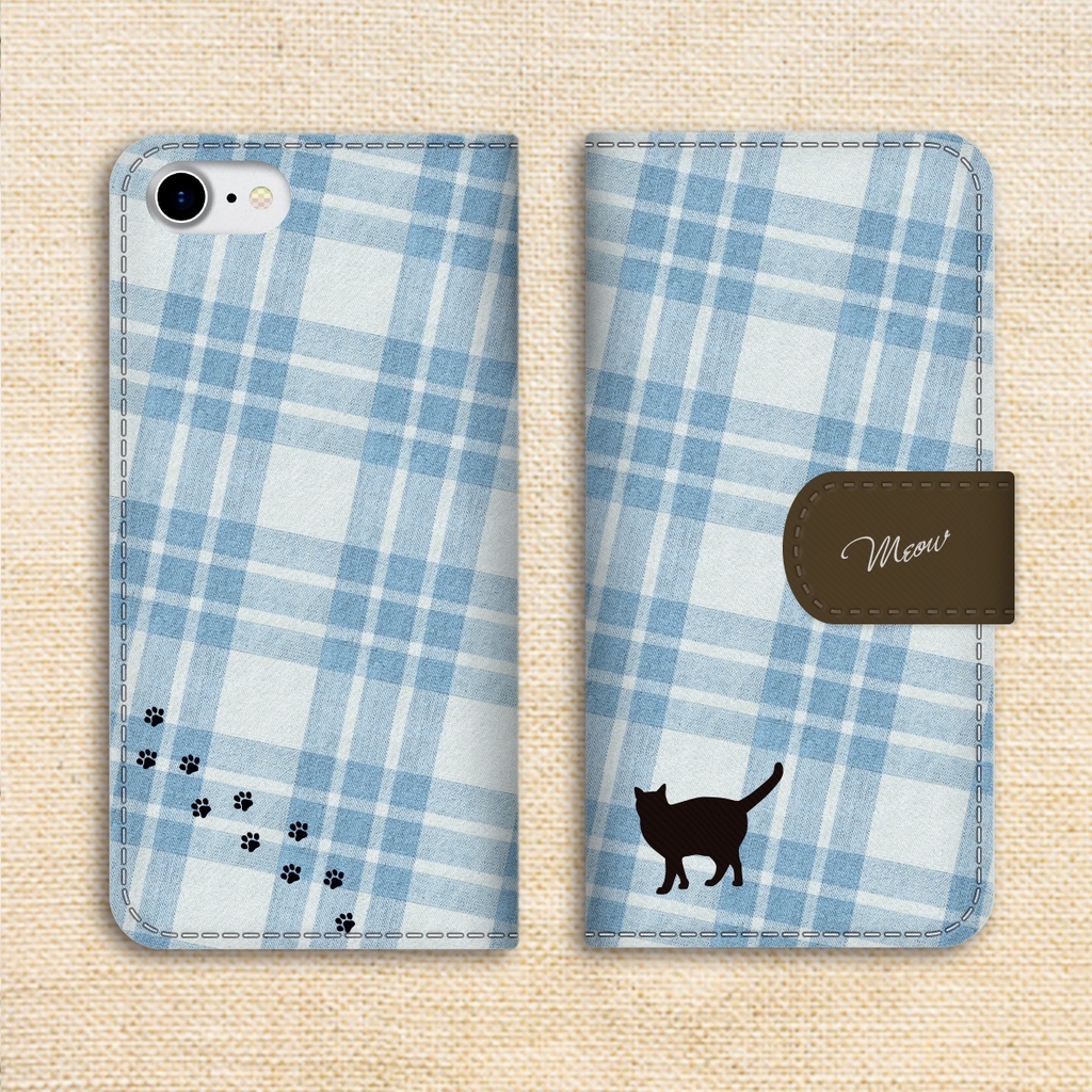 猫とチェックの手帳型スマホケース(水色×ブラウン) 全機種対応 カバー iPhone17 air iphone16e iphone15 猫