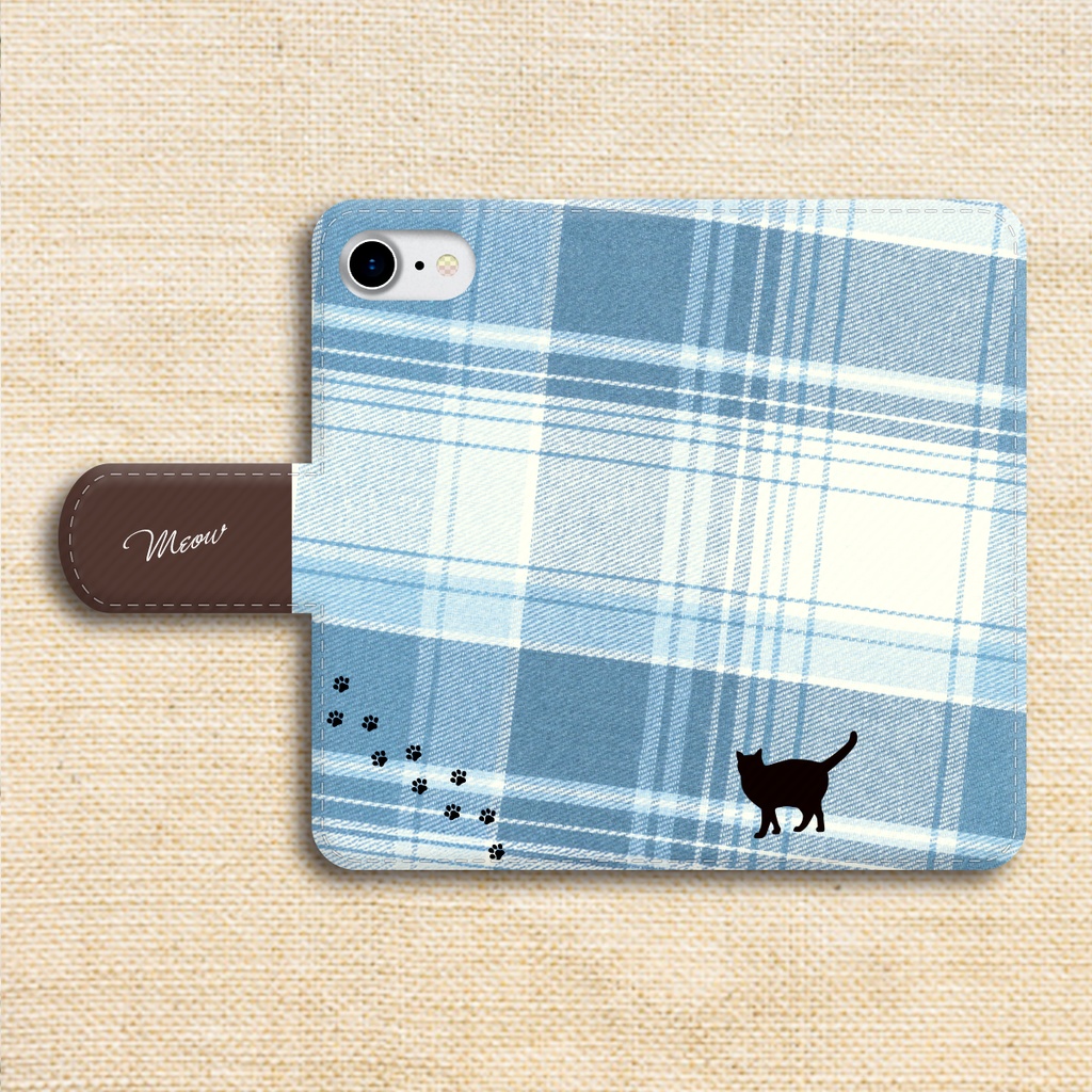 猫とチェックの手帳型スマホケース(ブルー×ブラウン) 全機種対応 カバー iphone16e iphone15 iPhone17 air メンズ