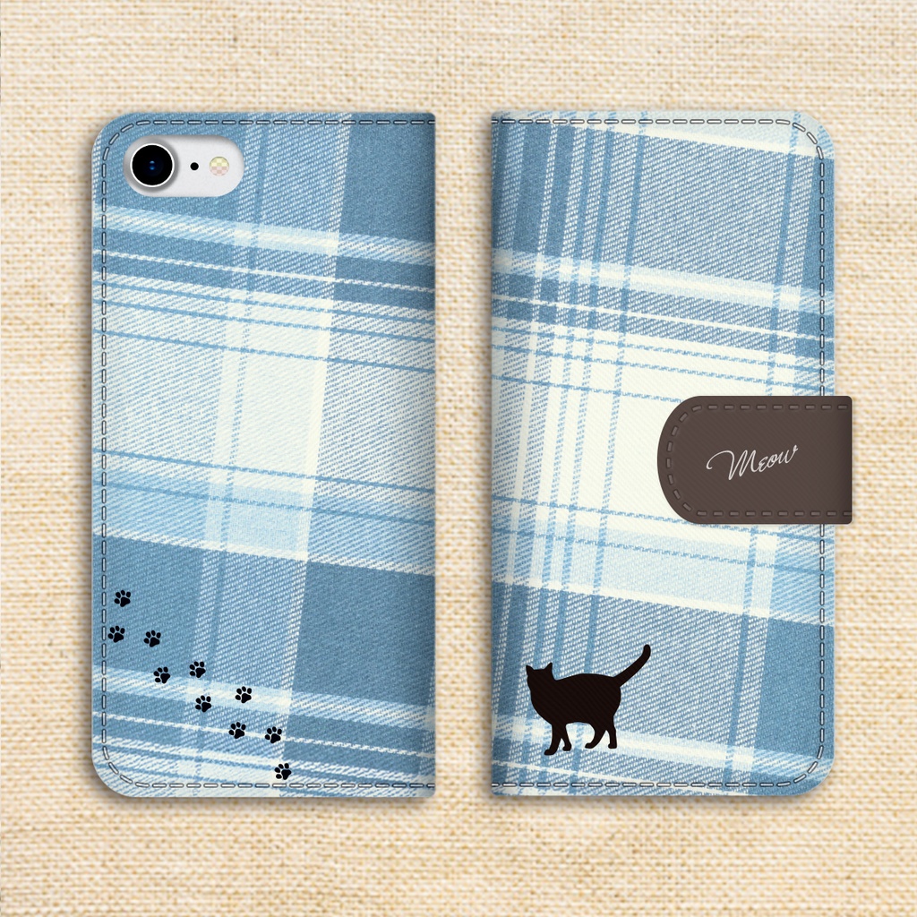 猫とチェックの手帳型スマホケース(ブルー×ブラウン) 全機種対応 カバー iphone16e iphone15 iPhone17 air メンズ