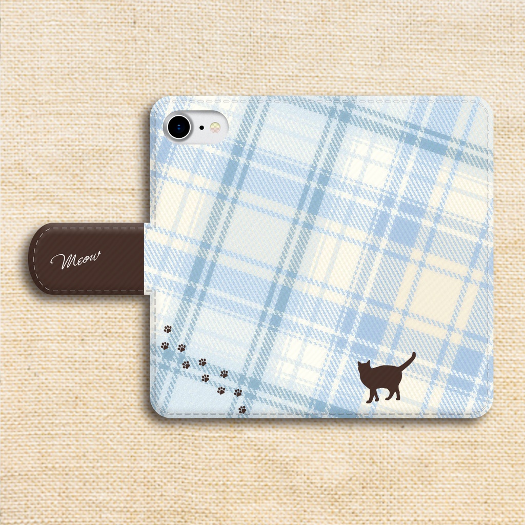猫とタータンの手帳型スマホケース(水色×ブラウン) 全機種対応 カバー iPhone17 Air iphone16e iphone15 猫