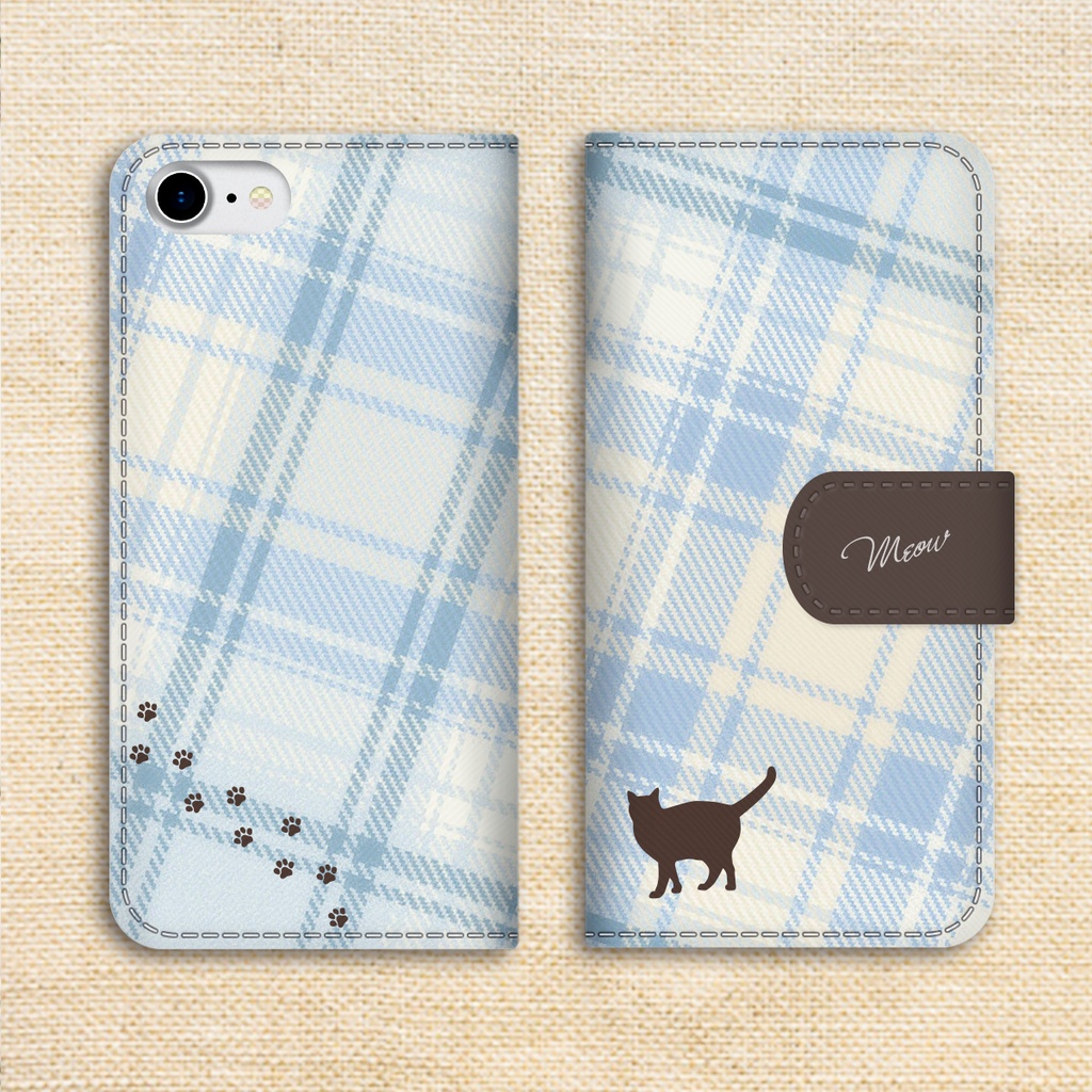 猫とタータンの手帳型スマホケース(水色×ブラウン) 全機種対応 カバー iPhone17 Air iphone16e iphone15 猫