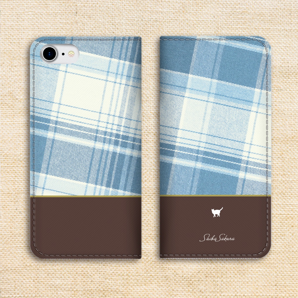 猫とタータンの手帳型スマホケース(ブルー×ブラウン) カバー iPhone17 Air iphone16e iphone15 全機種対応 メンズ