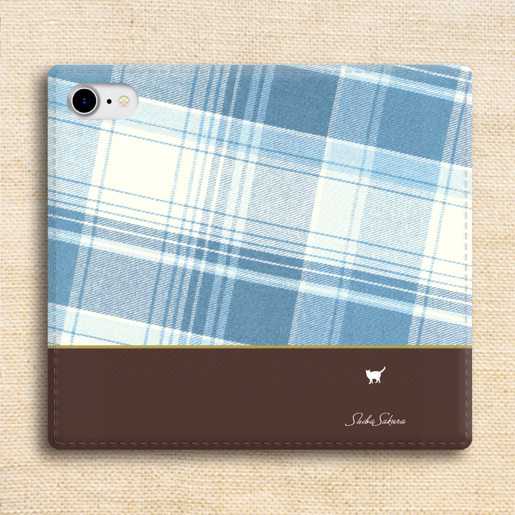 猫とタータンの手帳型スマホケース(ブルー×ブラウン) カバー iPhone17 Air iphone16e iphone15 全機種対応 メンズ
