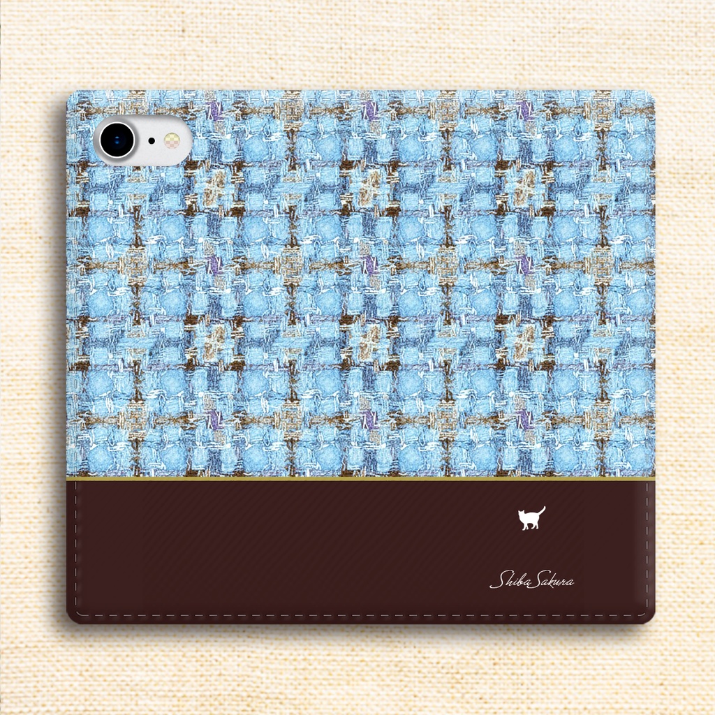 猫とツイードの手帳型スマホケース(水色×ブラウン) 全機種対応 カバー iphone16e iphone15 猫