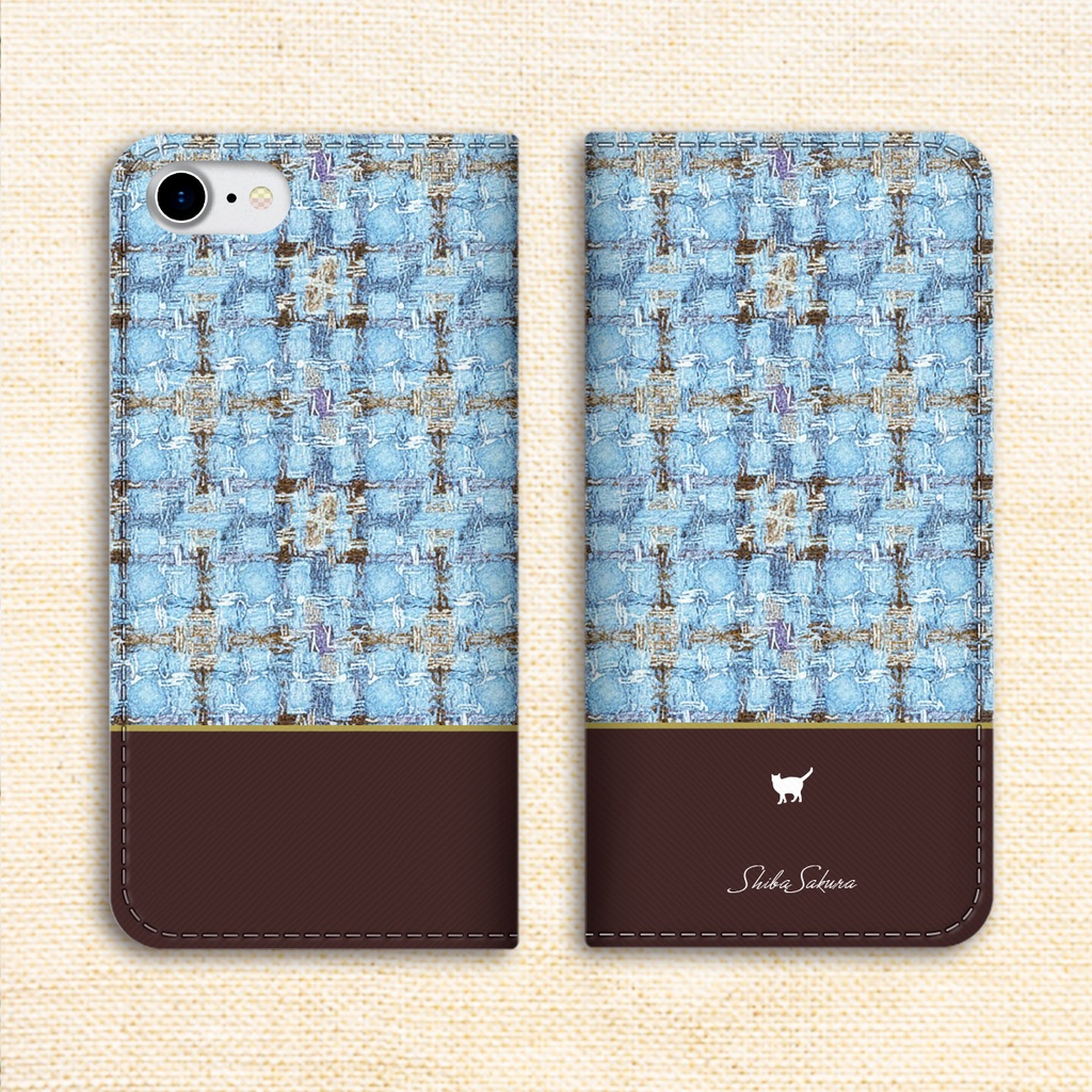 猫とツイードの手帳型スマホケース(水色×ブラウン) 全機種対応 カバー iphone16e iphone15 猫