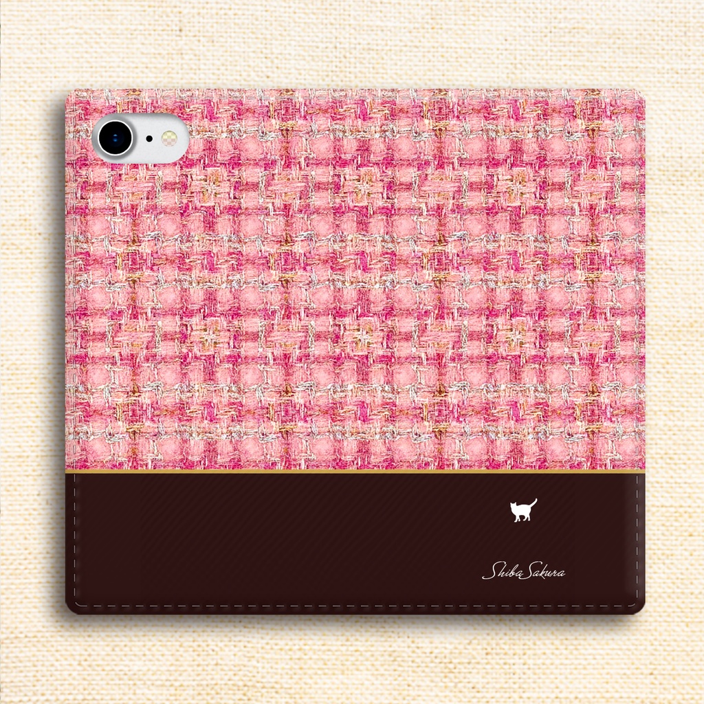 猫とツイードの手帳型スマホケース(桃×ブラウン) 全機種対応 カバー iPhone17 Air iphone16e iphone15 猫