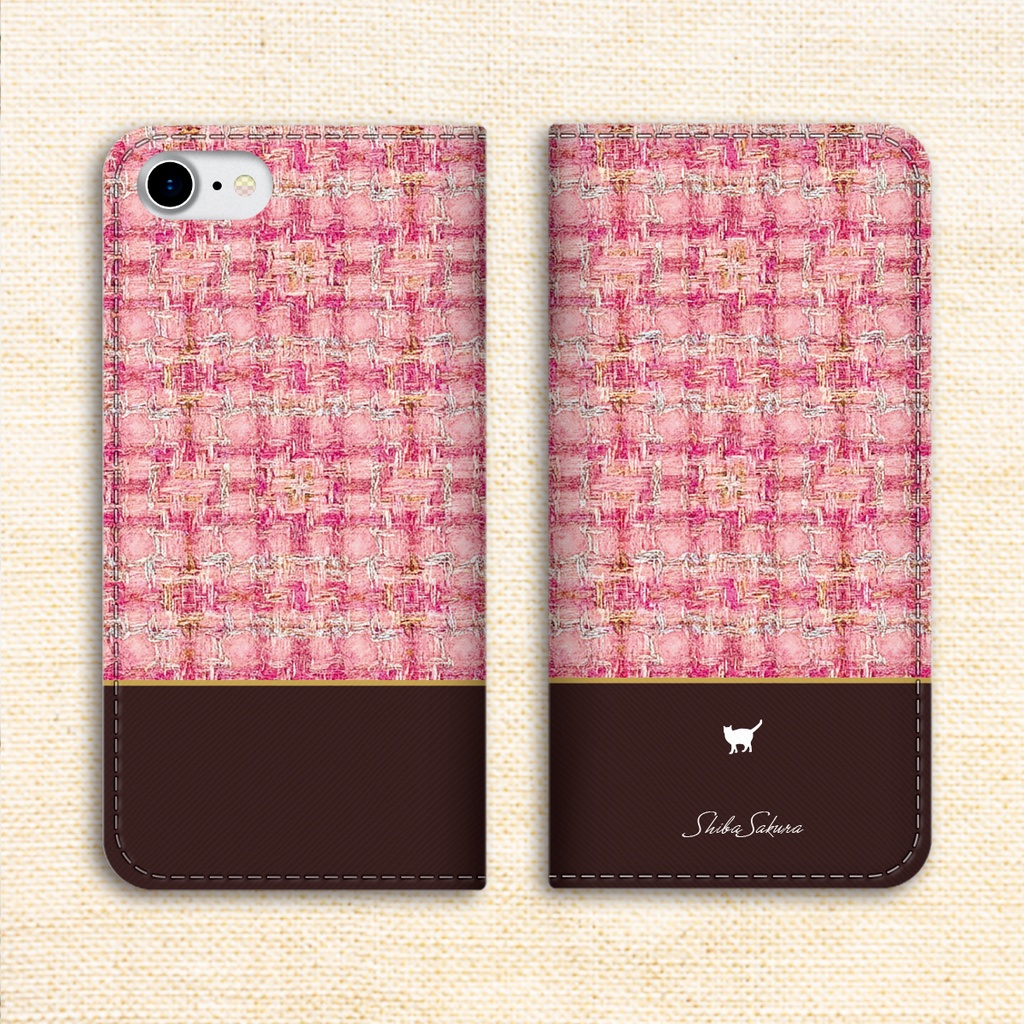猫とツイードの手帳型スマホケース(桃×ブラウン) 全機種対応 カバー iPhone17 Air iphone16e iphone15 猫