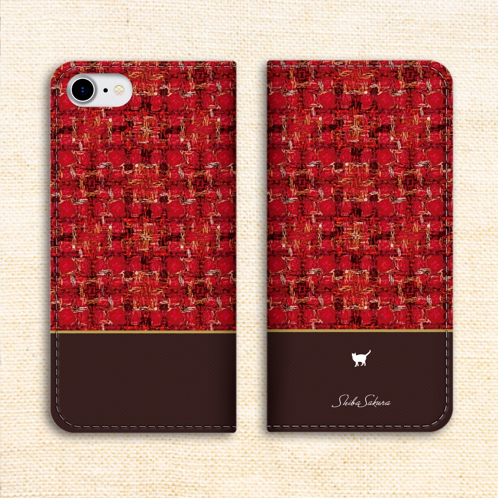猫とツイードの手帳型スマホケース(赤×ブラウン) 全機種対応 カバー iPhone17 Air iphone16e iphone15 iphone13 猫