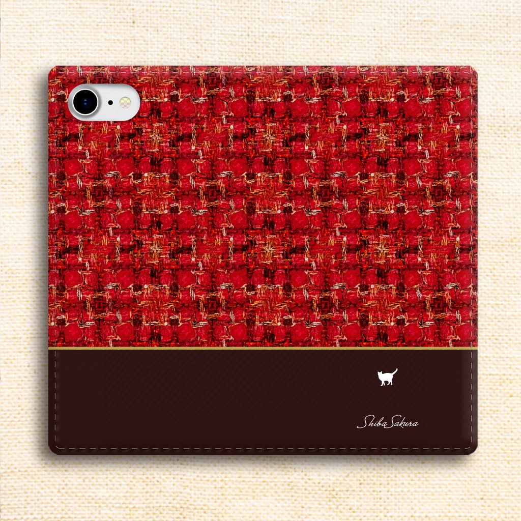 猫とツイードの手帳型スマホケース(赤×ブラウン) 全機種対応 カバー iPhone17 Air iphone16e iphone15 iphone13 猫