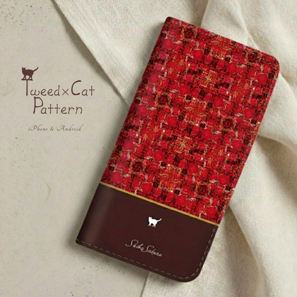 猫とツイードの手帳型スマホケース（赤×ブラウン） 全機種対応 カバー iphone16e iphone15 iphone13 猫