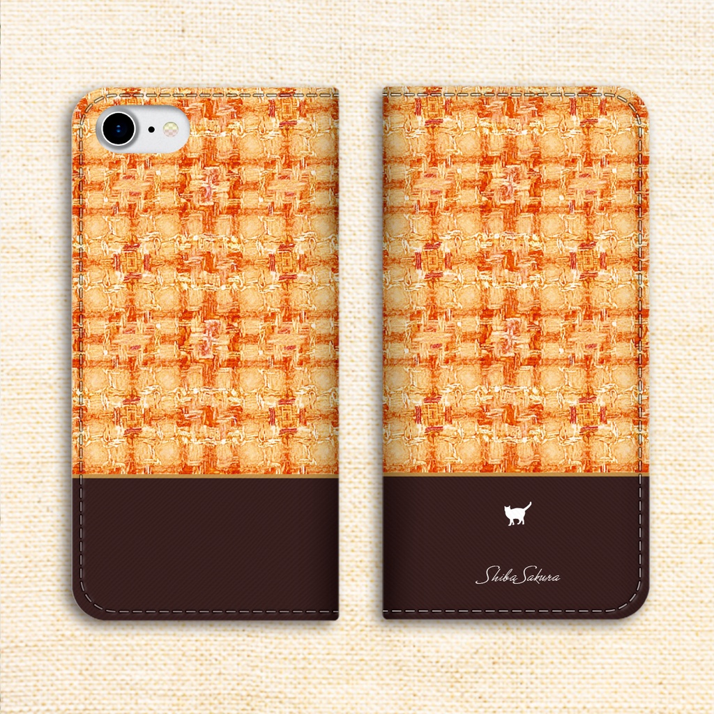 猫とツイードの手帳型スマホケース(金木犀) 全機種対応 カバー iPhone17 Air iphone16e iphone15 猫