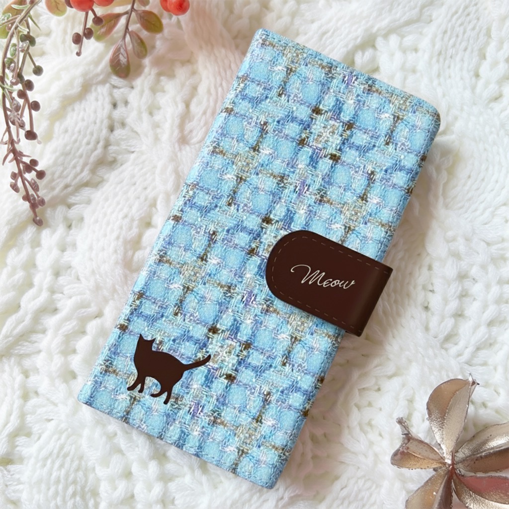 猫とほっこりツイードの手帳型スマホケース(水色×ブラウン) 全機種対応 カバー iPhone17 air iphone16e iphone15 猫