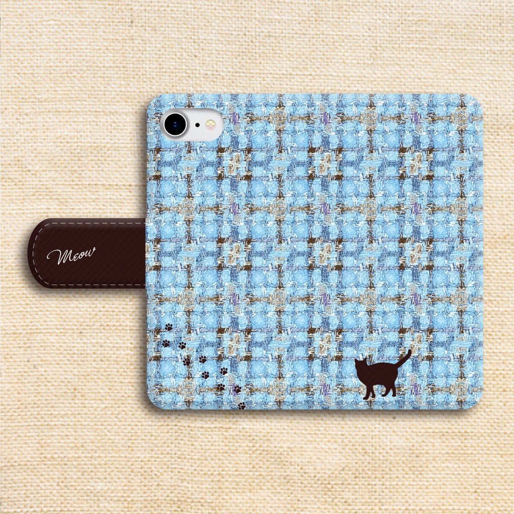 猫とほっこりツイードの手帳型スマホケース(水色×ブラウン) 全機種対応 カバー iPhone17 air iphone16e iphone15 猫