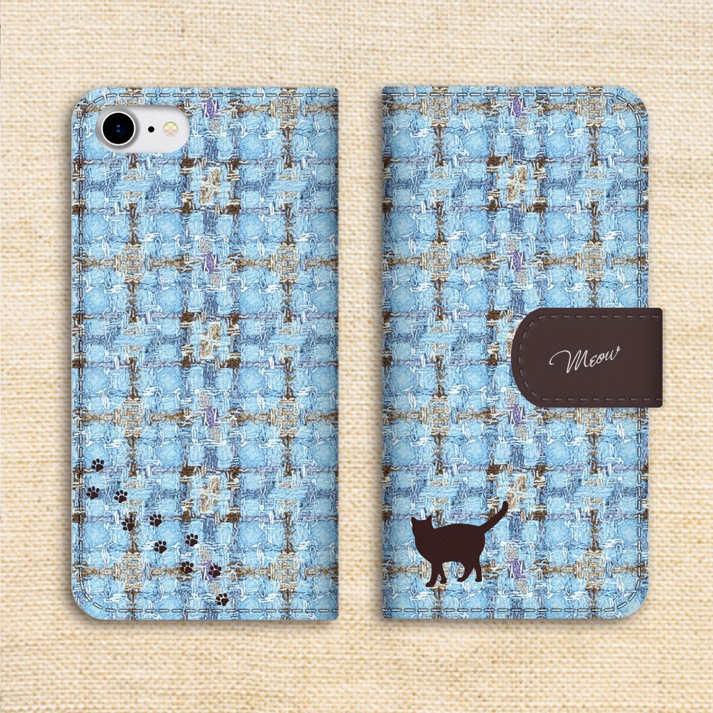 猫とほっこりツイードの手帳型スマホケース(水色×ブラウン) 全機種対応 カバー iPhone17 air iphone16e iphone15 猫