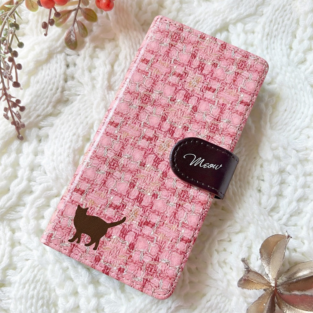 猫とほっこりツイードの手帳型スマホケース(桃×ブラウン) 全機種対応 カバー iPhone17 air iphone16e iphone15 猫