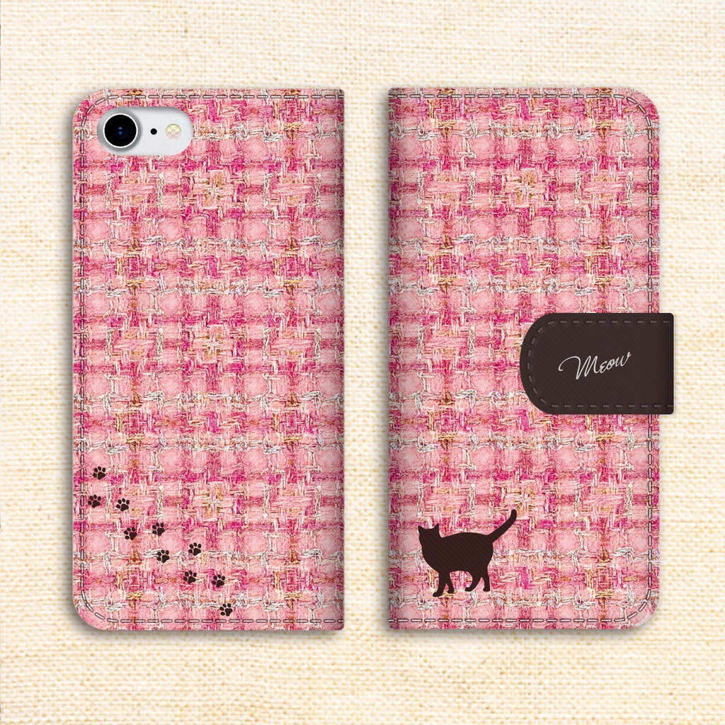 猫とほっこりツイードの手帳型スマホケース(桃×ブラウン) 全機種対応 カバー iPhone17 air iphone16e iphone15 猫