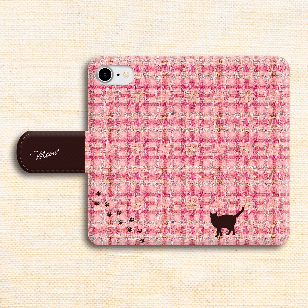 猫とほっこりツイードの手帳型スマホケース(桃×ブラウン) 全機種対応 カバー iPhone17 air iphone16e iphone15 猫