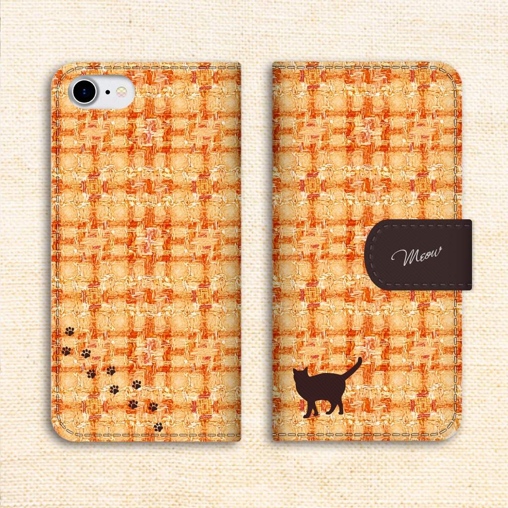 猫とほっこりツイードの手帳型スマホケース(金木犀) 全機種対応 カバー iPhone17 air iphone16e iphone15 猫
