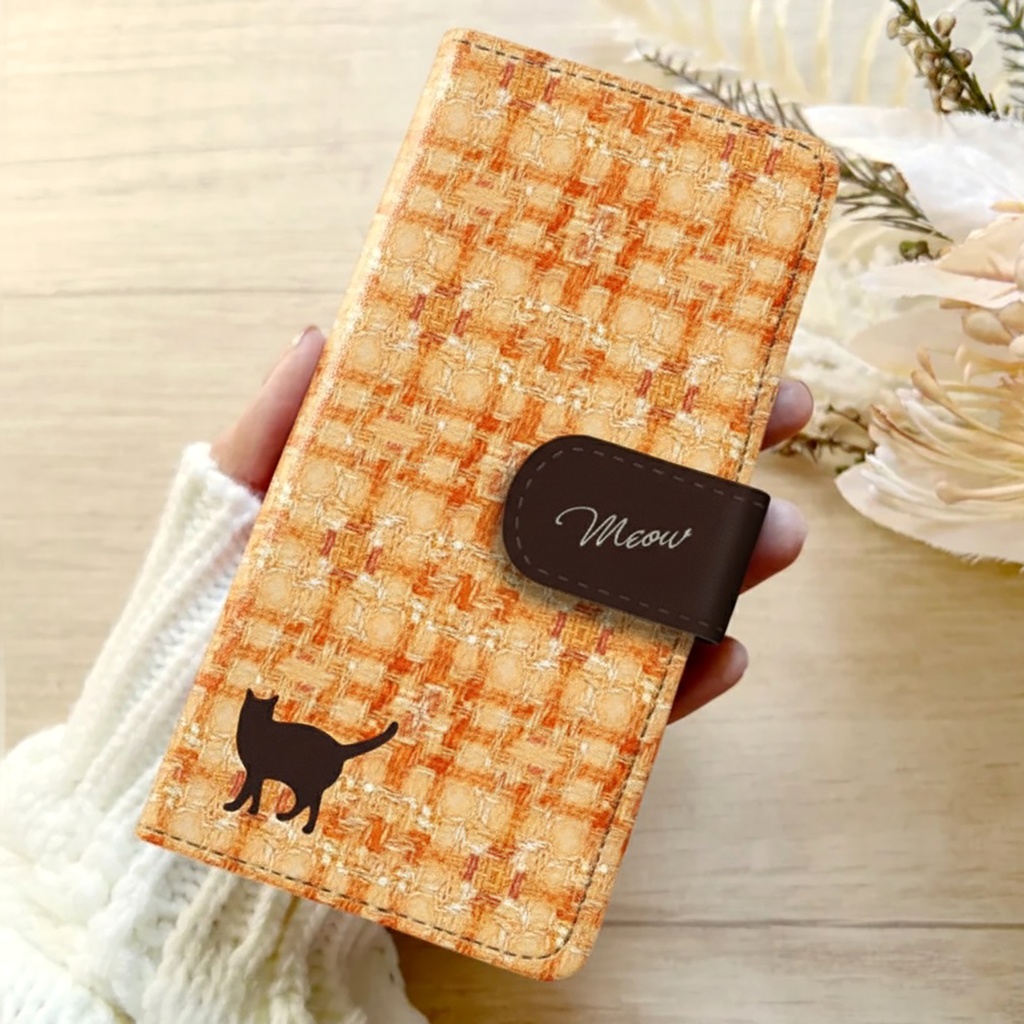 猫とほっこりツイードの手帳型スマホケース(金木犀) 全機種対応 カバー iPhone17 air iphone16e iphone15 猫