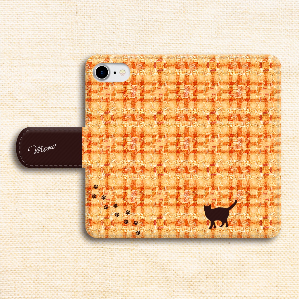 猫とほっこりツイードの手帳型スマホケース(金木犀) 全機種対応 カバー iPhone17 air iphone16e iphone15 猫