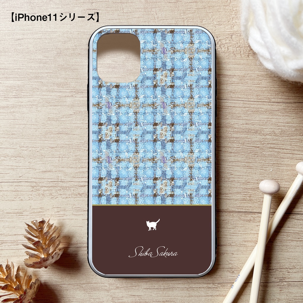 猫とツイードのスマホケース(水色×ブラウン/強化ガラス) iPhone17 Air iphone13 iPhone16e iphone15 カバー