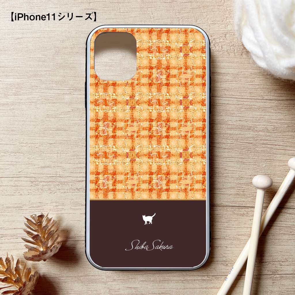 猫とツイードのスマホケース(金木犀/強化ガラス) iPhone17 Air iphone13 iPhone16e iphone15 カバー