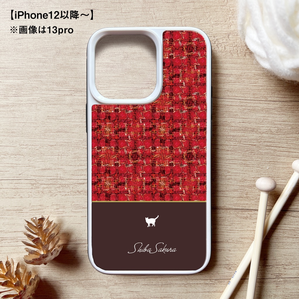 猫とツイードのスマホケース(赤×ブラウン/強化ガラス) iPhone17 Air iphone13 iPhone16e iphone15 カバー