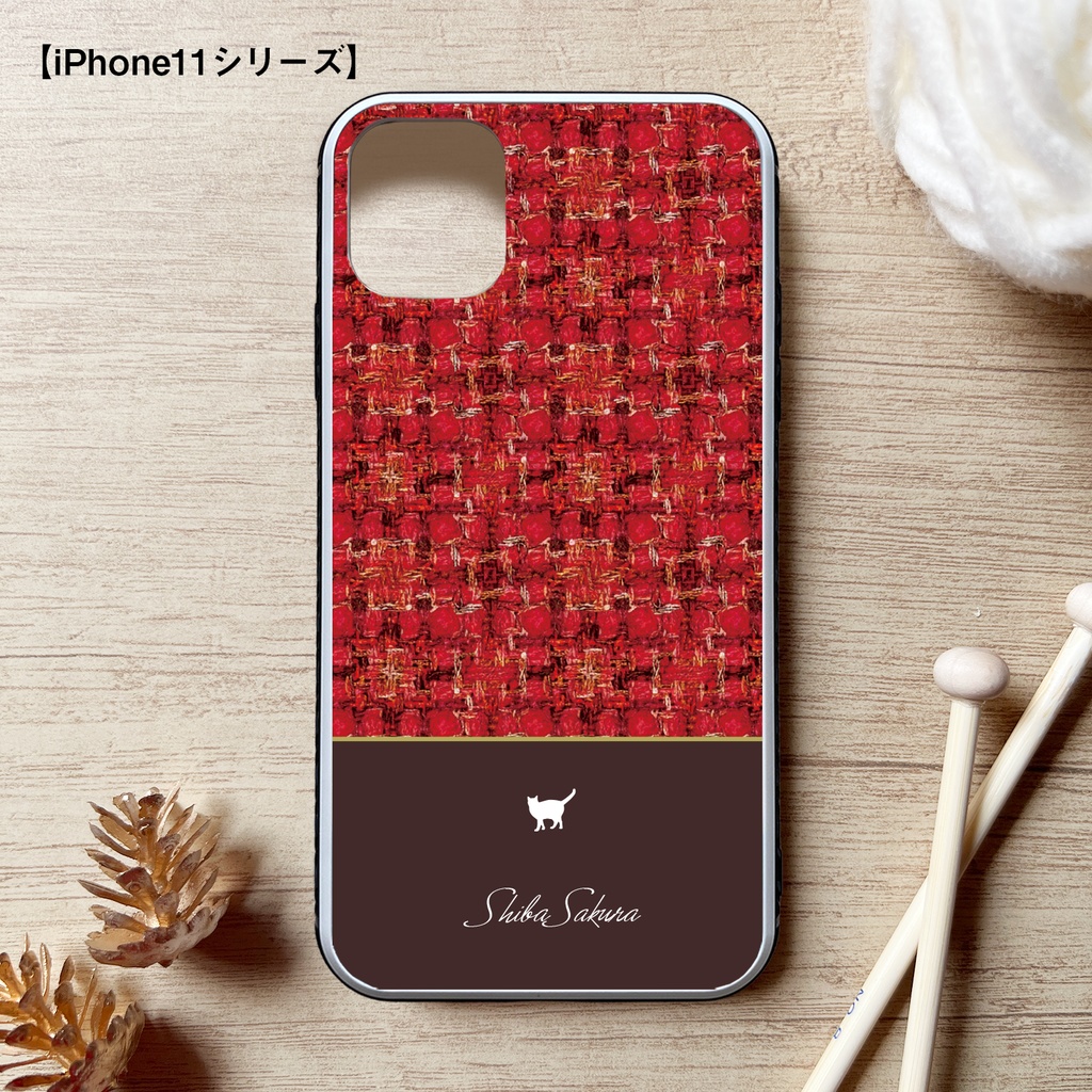 猫とツイードのスマホケース(赤×ブラウン/強化ガラス) iPhone17 Air iphone13 iPhone16e iphone15 カバー