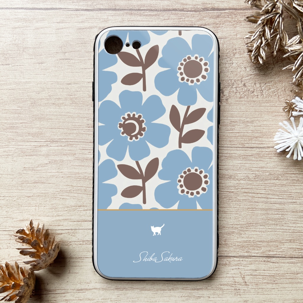 猫と北欧コスモスのスマホケース(くすみブルー/強化ガラス) iPhone17 Air iphone13 iPhone16e iphone15 カバー