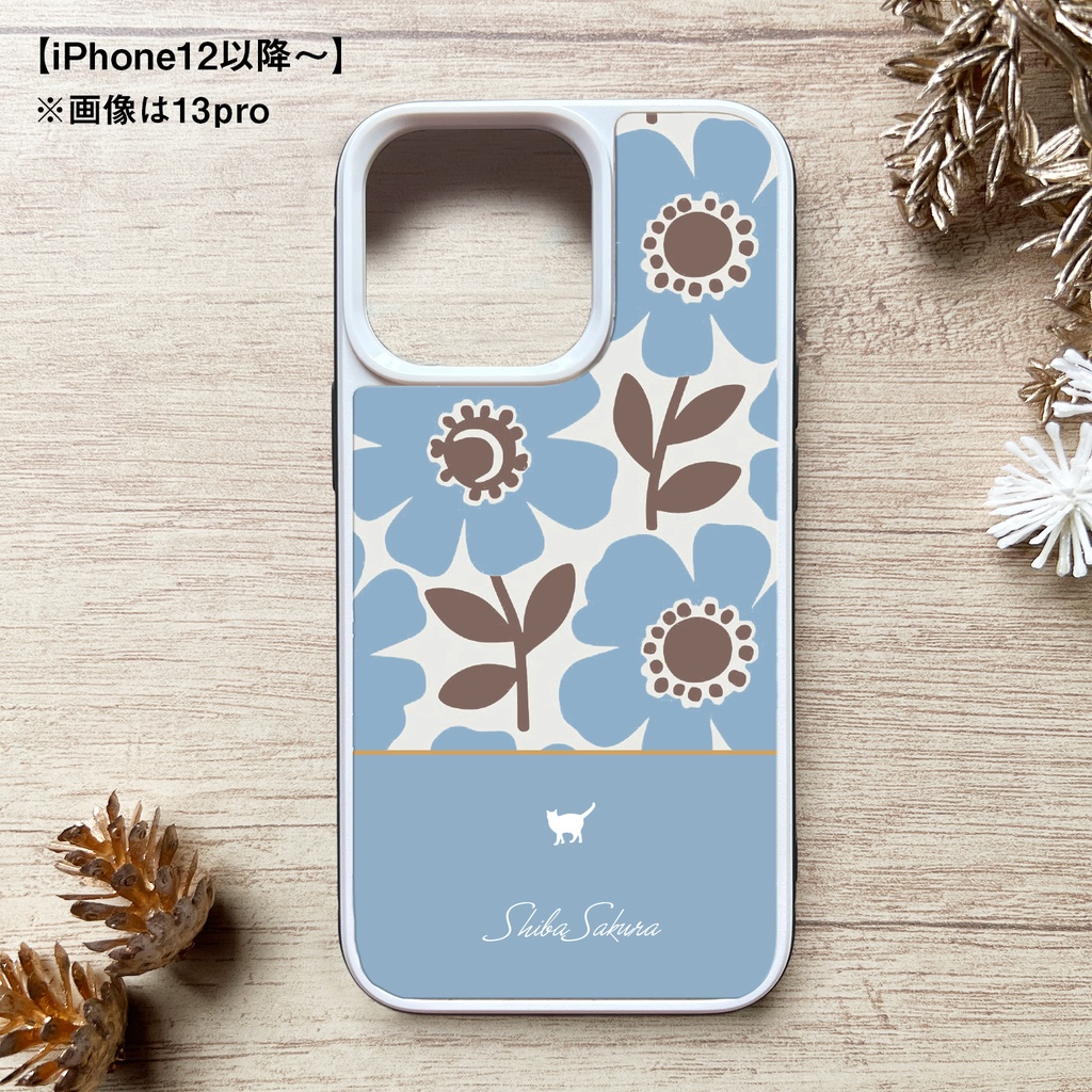 猫と北欧コスモスのスマホケース(くすみブルー/強化ガラス) iPhone17 Air iphone13 iPhone16e iphone15 カバー