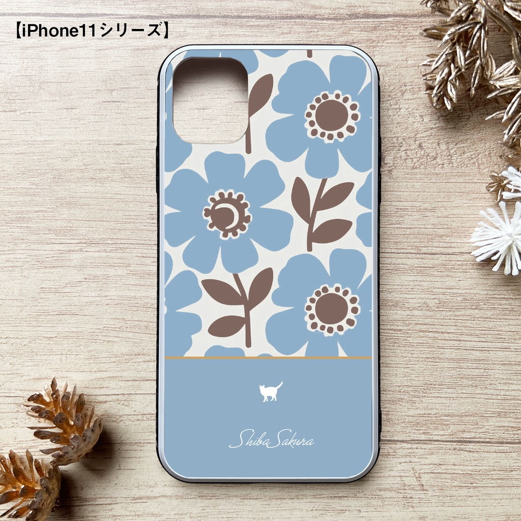 猫と北欧コスモスのスマホケース(くすみブルー/強化ガラス) iPhone17 Air iphone13 iPhone16e iphone15 カバー
