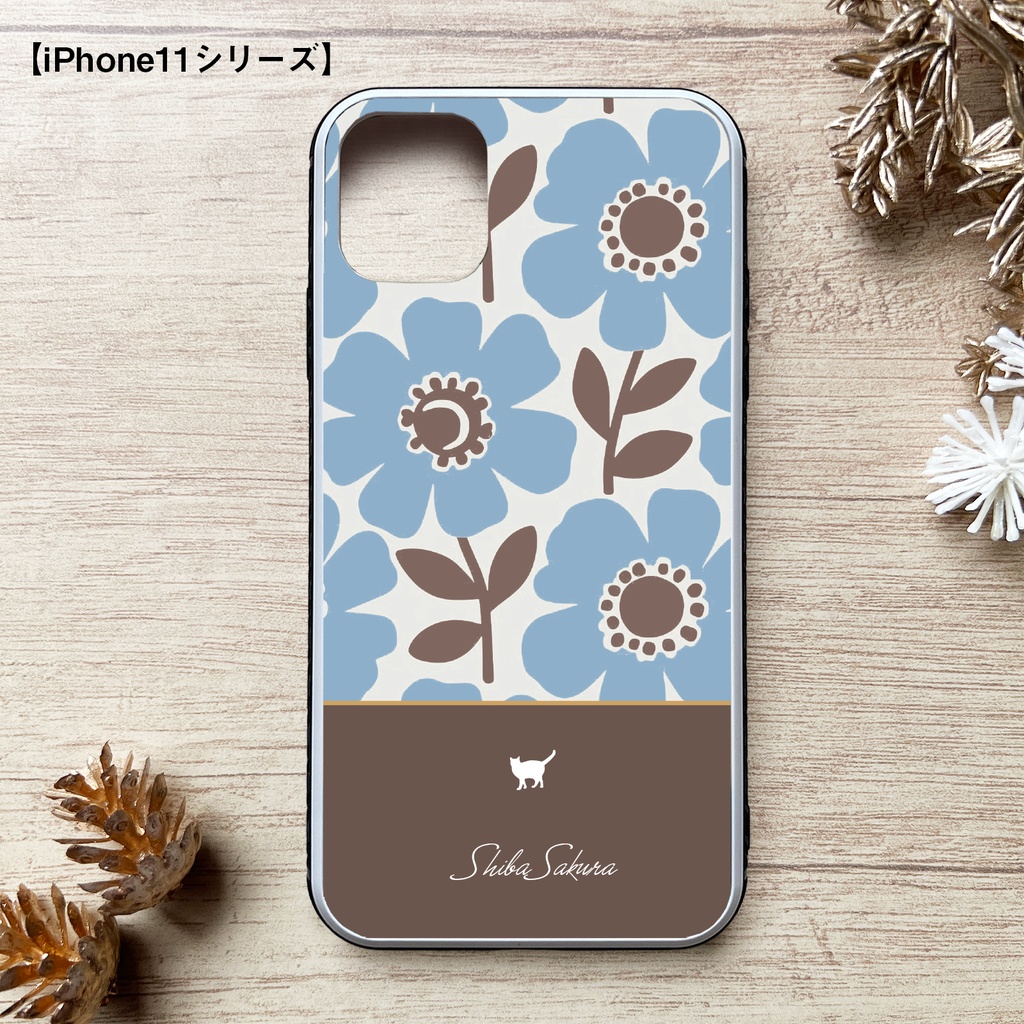 猫と北欧コスモスのスマホケース(くすみブルー×ブラウン/強化ガラス)iPhone17 Air iphone13  iPhone16e iphone15 カバー