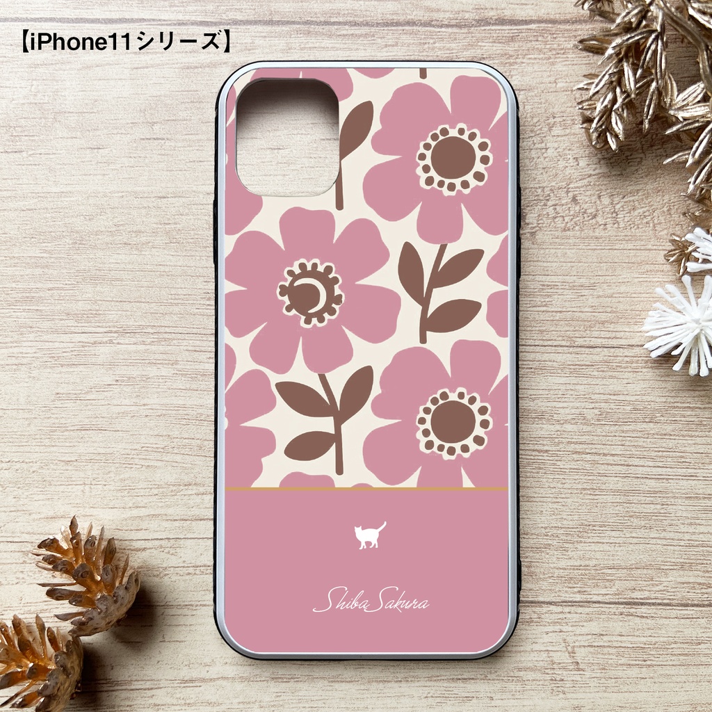 猫と北欧コスモスのスマホケース(モーブピンク/強化ガラス) iPhone17 Air iphone13 iPhone16e iphone15 カバー