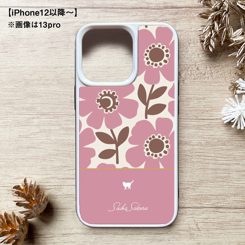 猫と北欧コスモスのスマホケース(モーブピンク/強化ガラス) iPhone17 Air iphone13 iPhone16e iphone15 カバー