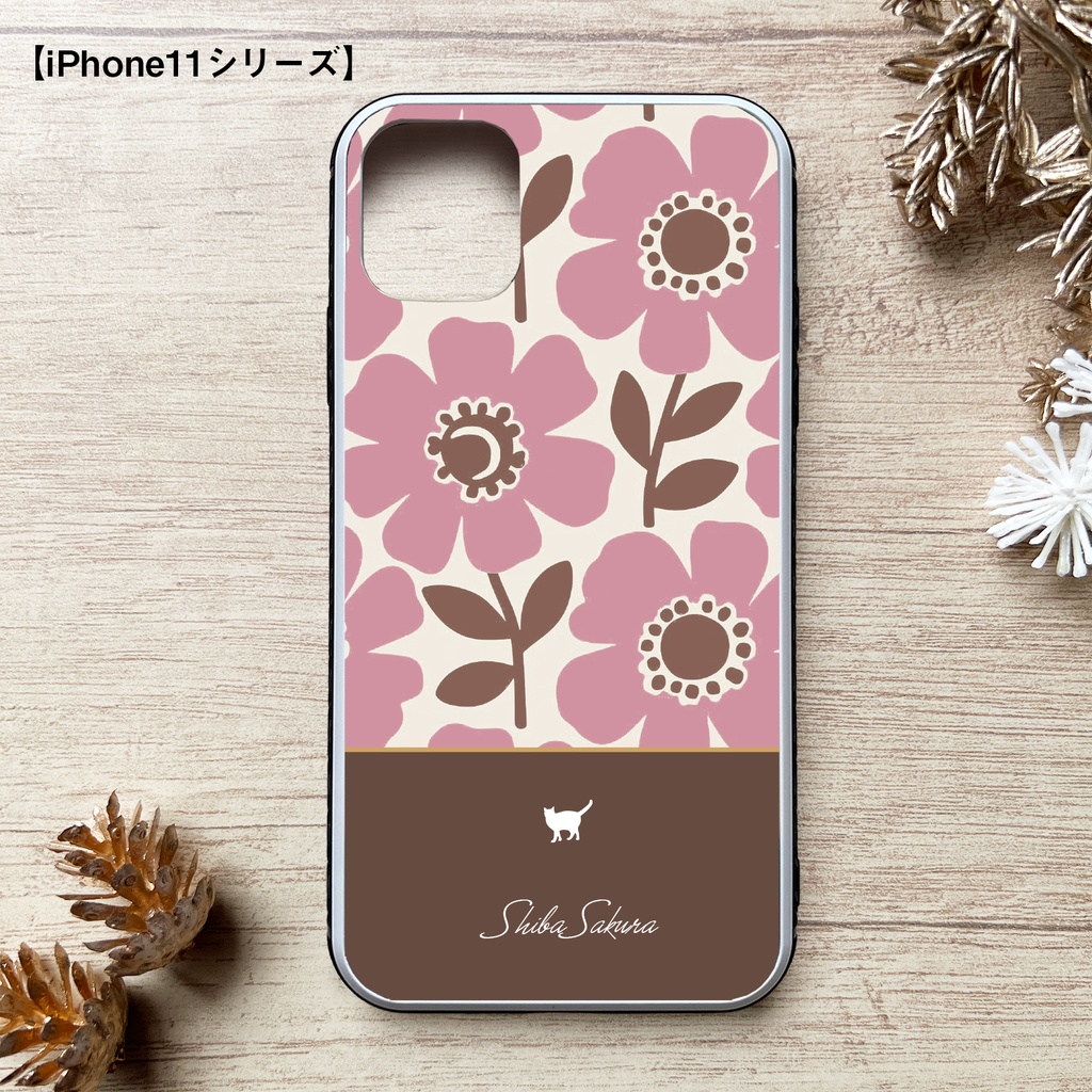 猫と北欧コスモスのスマホケース(モーブピンク×茶色/強化ガラス) iPhone17 Air iphone13 iPhone16e iphone15 カバー