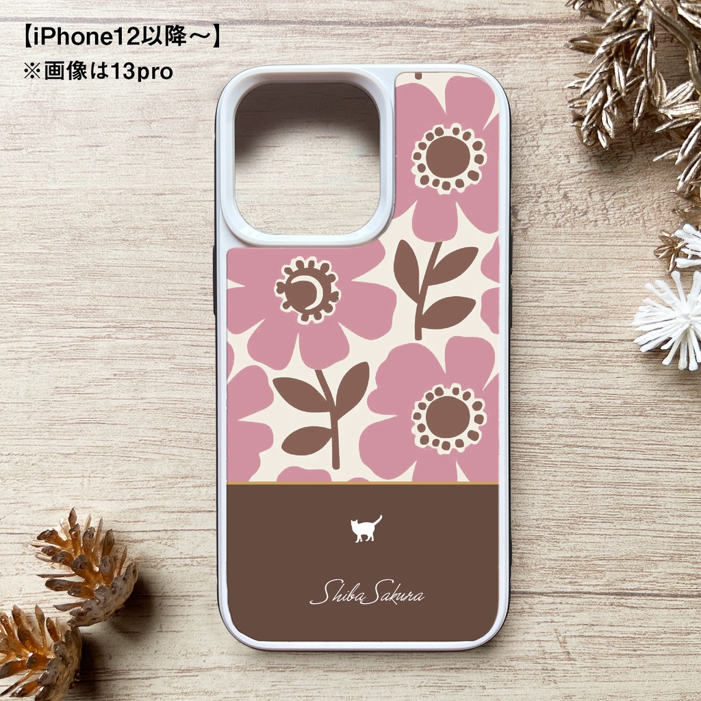 猫と北欧コスモスのスマホケース(モーブピンク×茶色/強化ガラス) iPhone17 Air iphone13 iPhone16e iphone15 カバー