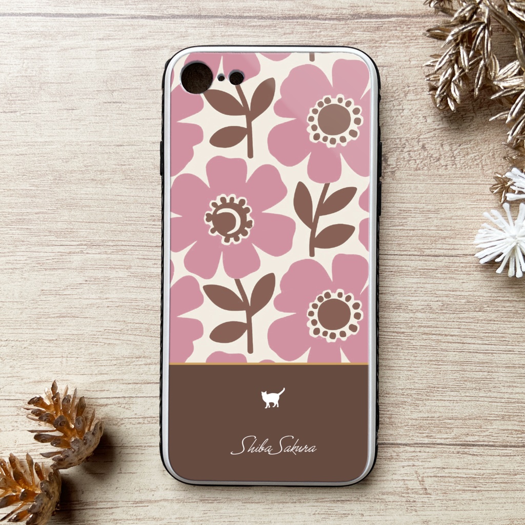 猫と北欧コスモスのスマホケース(モーブピンク×茶色/強化ガラス) iPhone17 Air iphone13 iPhone16e iphone15 カバー