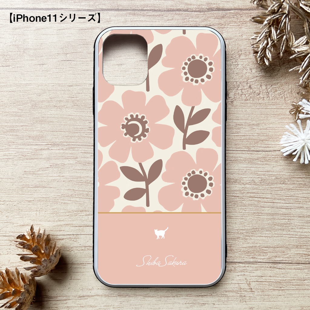 猫と北欧コスモスのスマホケース(ベビーピンク/強化ガラス) iPhone17 Air iphone13 iPhone16e iphone15 カバー