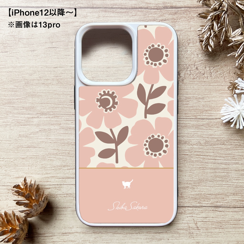 猫と北欧コスモスのスマホケース(ベビーピンク/強化ガラス) iPhone17 Air iphone13 iPhone16e iphone15 カバー