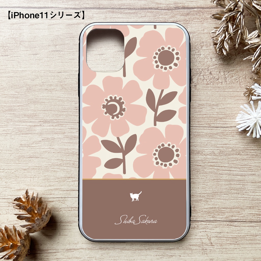 猫と北欧コスモスのスマホケース(ベビーピンク×茶色/強化ガラス)iPhone17 Air iphone13  iPhone16e iphone15 カバー