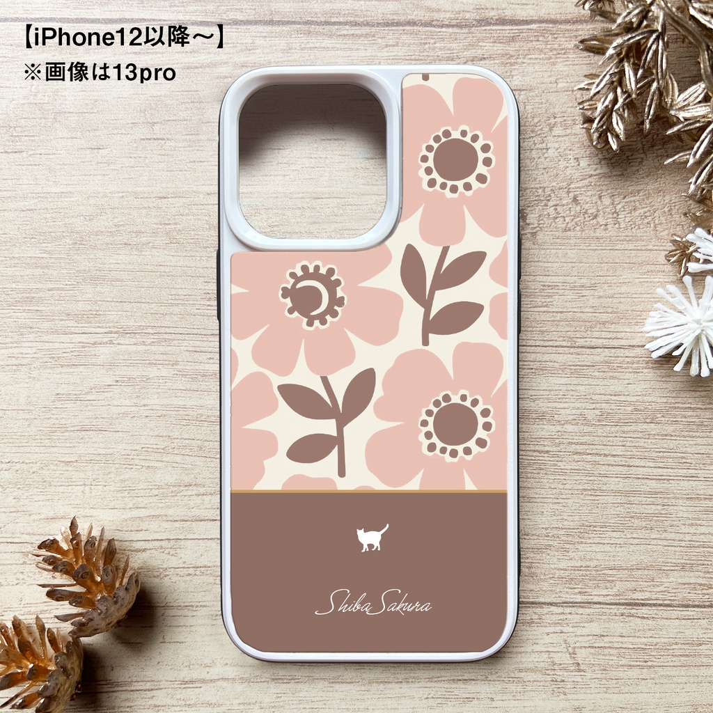 猫と北欧コスモスのスマホケース(ベビーピンク×茶色/強化ガラス)iPhone17 Air iphone13  iPhone16e iphone15 カバー