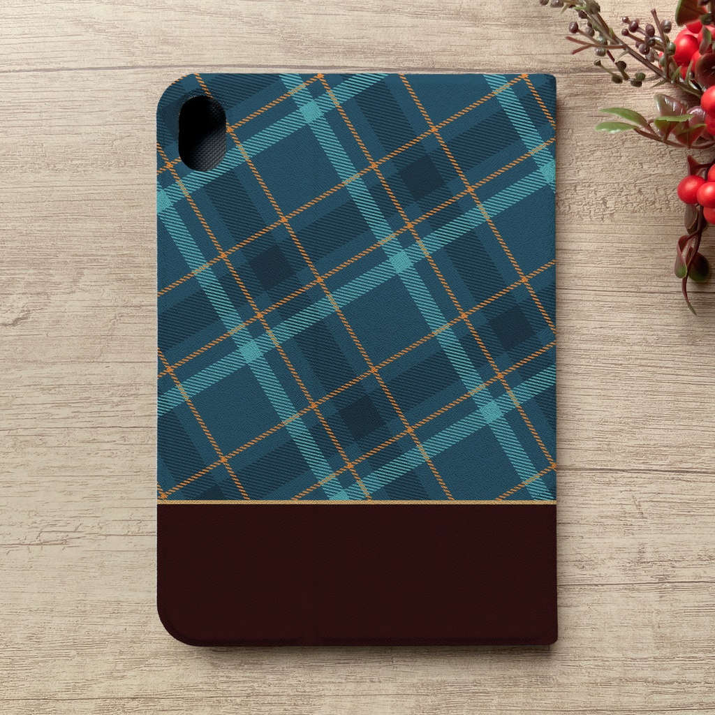 猫とチェックのiPadケース(ブルーオレンジ) タブレットケース カバー ねこ メンズ
