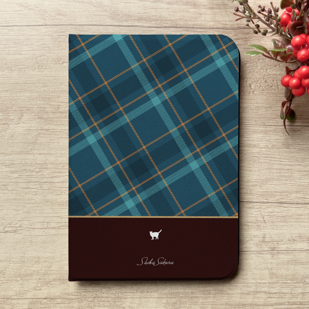 猫とチェックのiPadケース(ブルーオレンジ) タブレットケース カバー ねこ メンズ