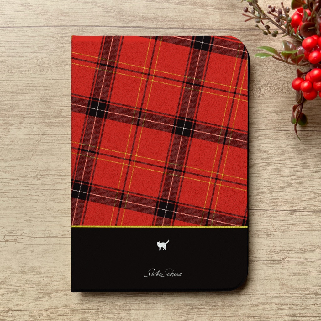 猫とタータンチェックのiPadケース タブレットケース カバー ねこ 赤