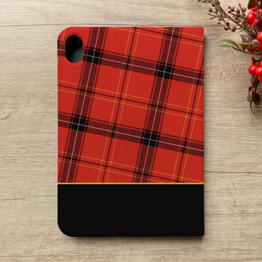 猫とタータンチェックのiPadケース タブレットケース カバー ねこ 赤