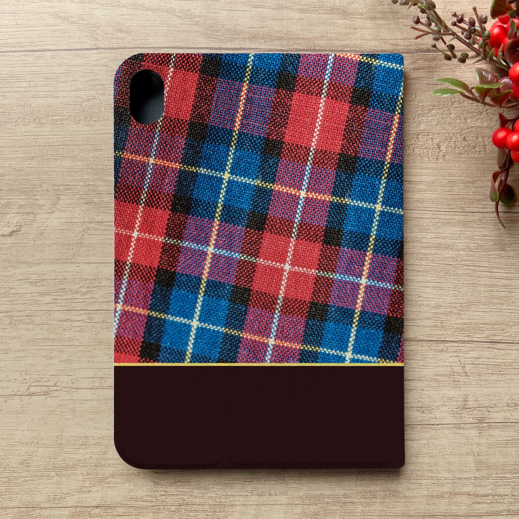 猫とカラフルタータンのiPadケース タブレットケース カバー ねこ 赤
