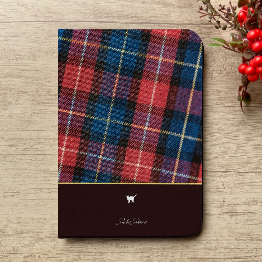 猫とカラフルタータンのiPadケース タブレットケース カバー ねこ 赤