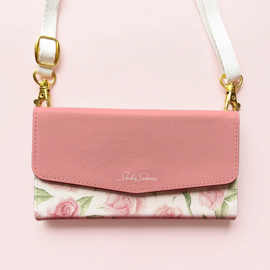 ピンクローズの三つ折り手帳型スマホケース 全機種対応 スマホケース iphone Android バラ