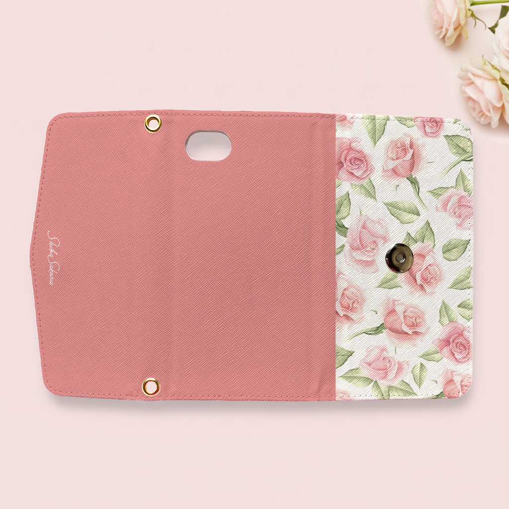 ピンクローズの三つ折り手帳型スマホケース 全機種対応 スマホケース iphone Android バラ